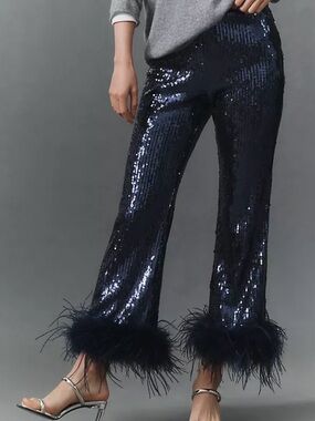 Anthropologie Navy Sequin Feather-Hem Cropped Pants
